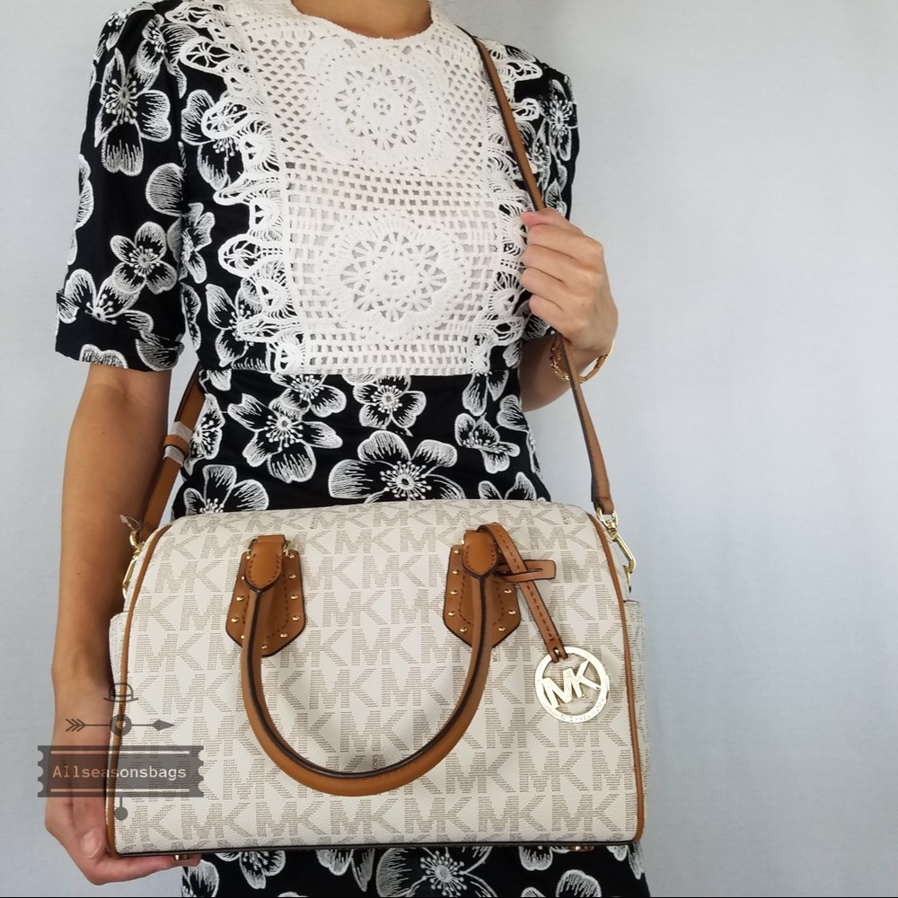 NWT Michael Kors Aria Medium Satchel Vanilla Acorn - Picture 4 of 8